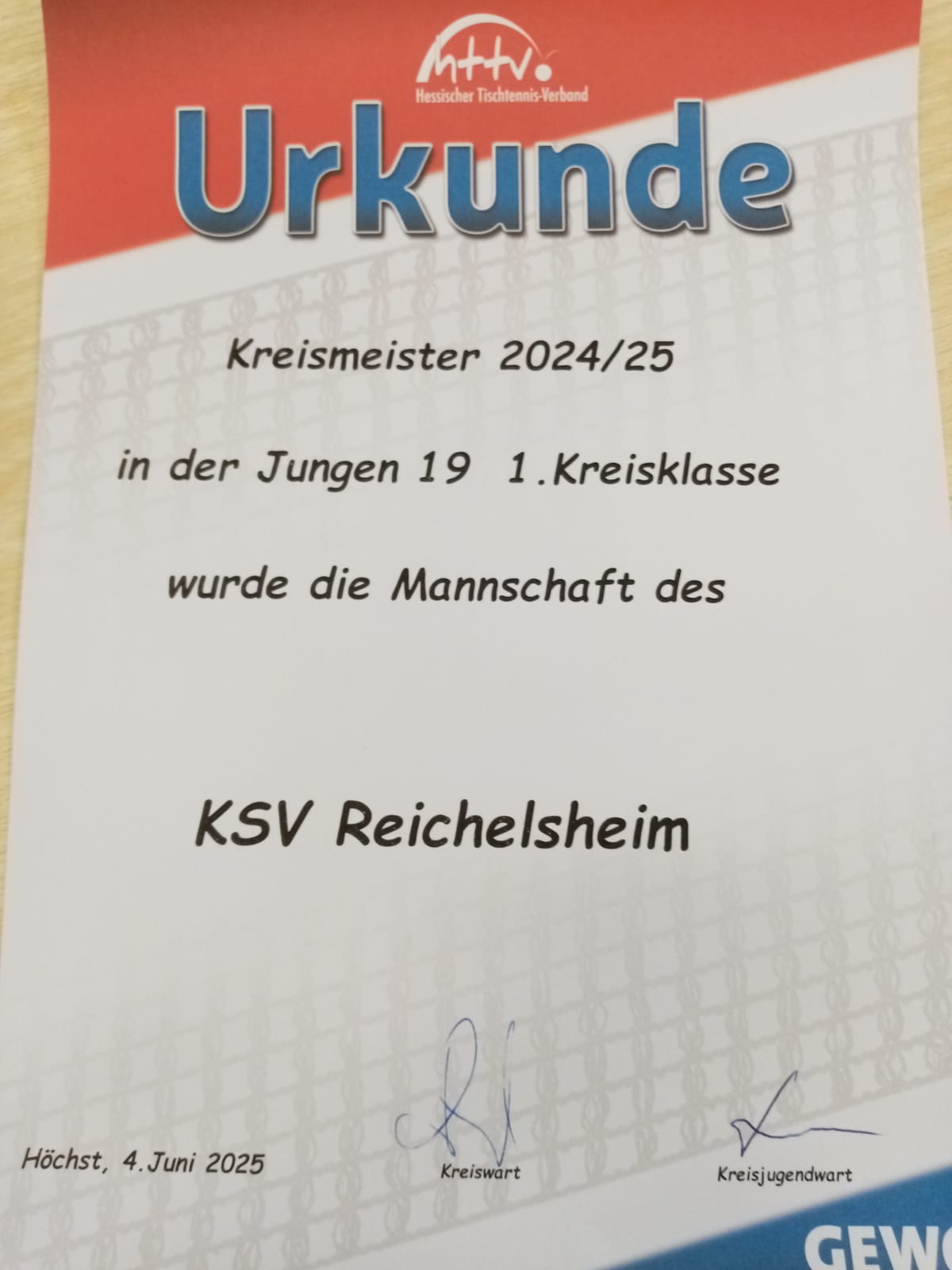 Urkunde Kreismeister 24/25 Jugend 19